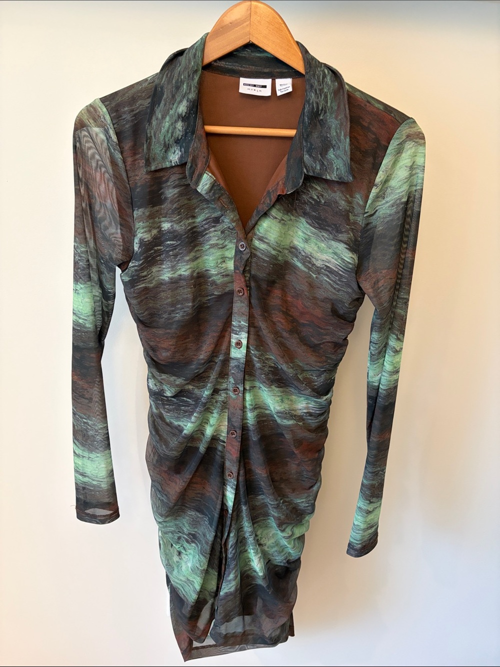 Noisy May Green and Brown Abstract Midi Shirt Dress